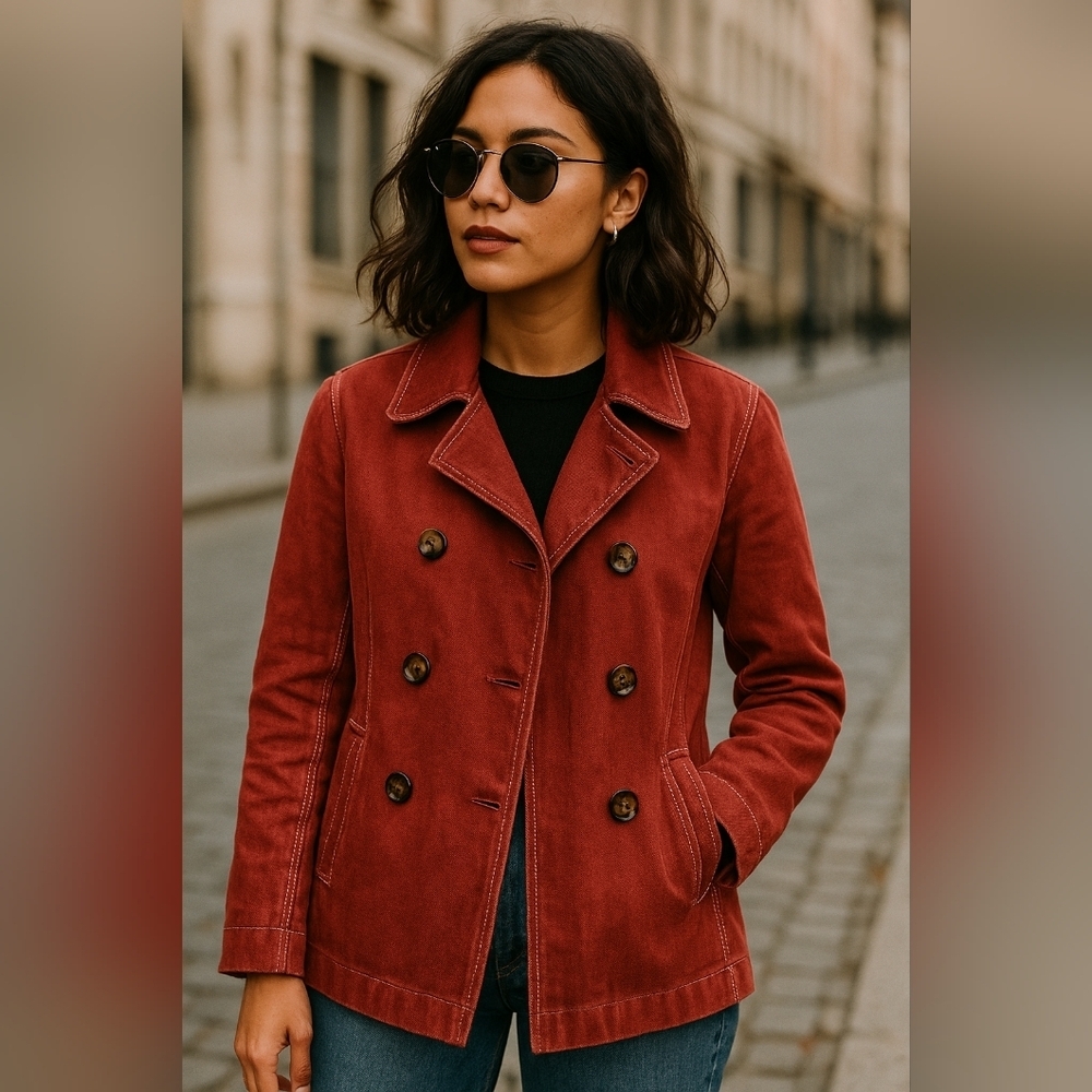 Celine Denim Red rust button coat